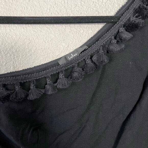 Lulus Line In The Sand Black One-Shoulder Tassel Crop Top Linen Blend Womens Med - Picture 3 of 7